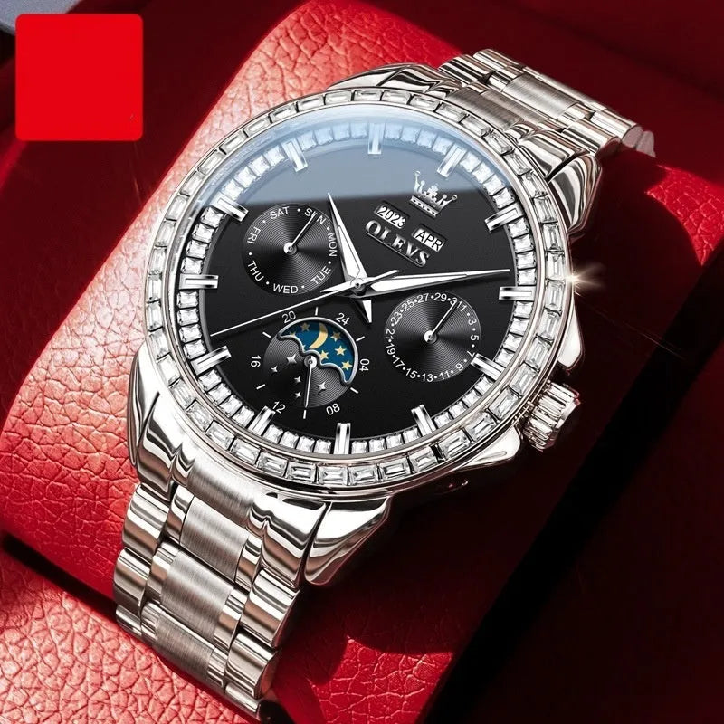 Men's stainless steel automatic mechanical watch with diamond dial on wrist, showing transparent case back.