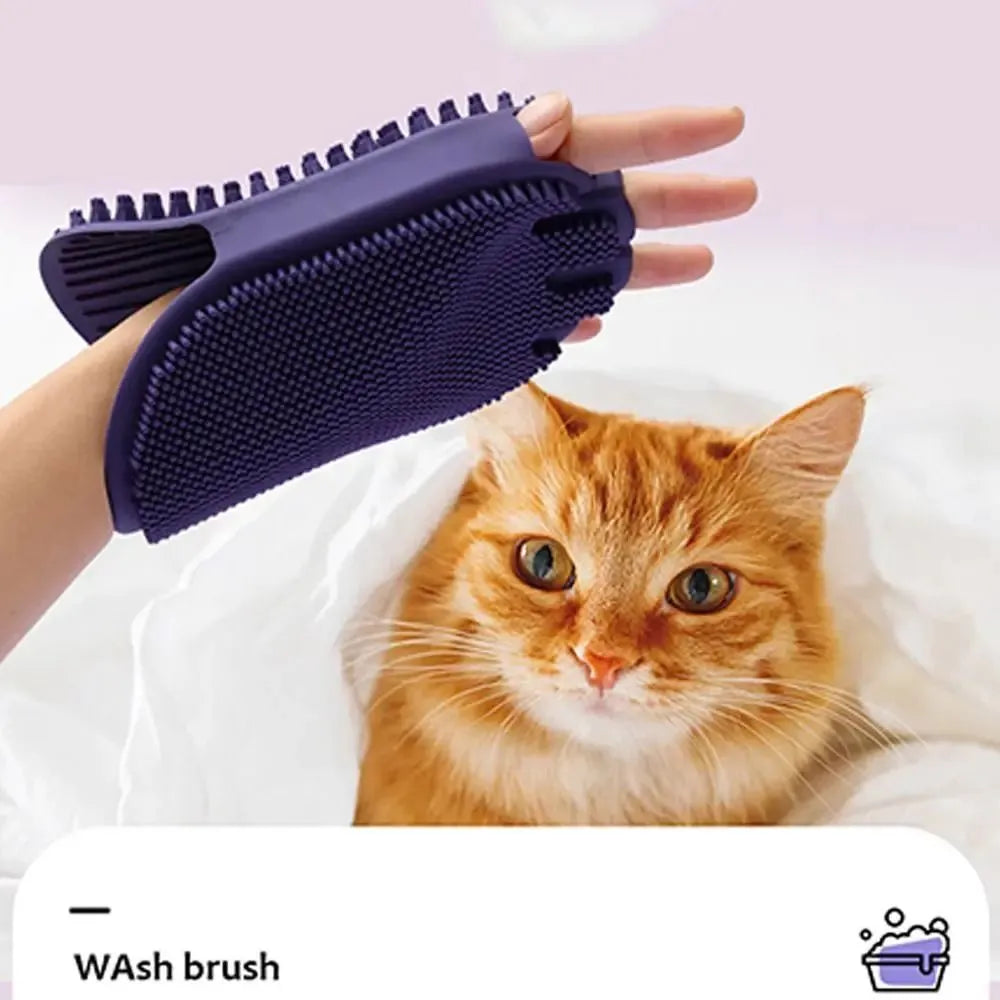 Purple TPR pet shampoo brush with ergonomic handle and soft bristles for dog and cat grooming