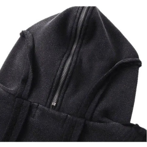 Black loose-fit zip-up hooded cardigan jacket with abstract pattern and padding on a hanger.
