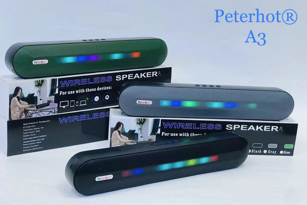 Bluetooth speaker with long LED breathing light in black colour, 400x62x72mm, on a table
