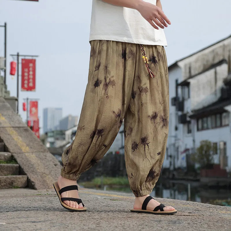 Summer men's thin breathable casual pants in khaki, polyester, micro elastic, leisure trousers