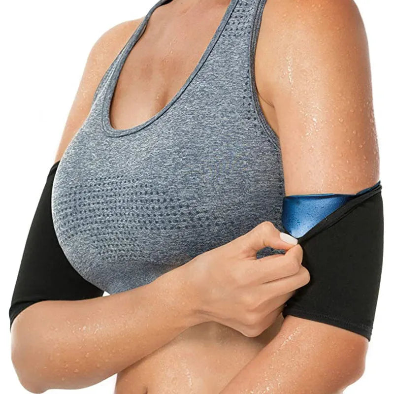 Adjustable arm shaping sweatband in blue with binding strap, shown on arm during exercise.