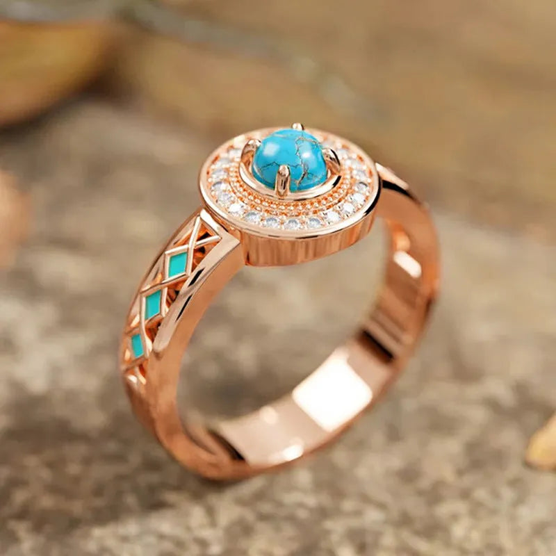 Women's turquoise ethnic style geometric copper ring with oil micro inlaid zircon and rose gold colour