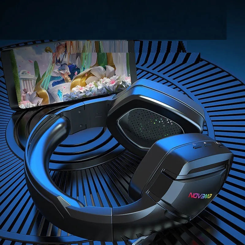 Black wireless Bluetooth headphones with RGB lighting and noise reduction technology
