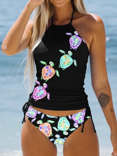 Women's conservative swimsuit with colourful cartoon print and split design for swimming