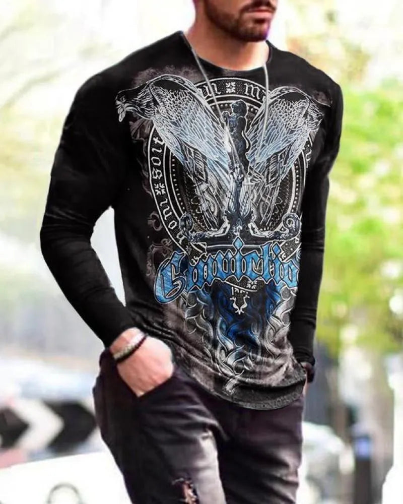 Men's long sleeve slim fit cotton t shirt with crew neck and geometric digital print in one of 34 colours