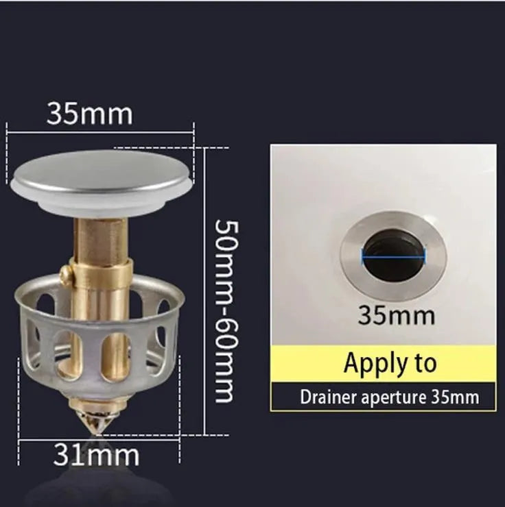 White copper sink filter with manual press mechanism for single-hole bathroom faucets.