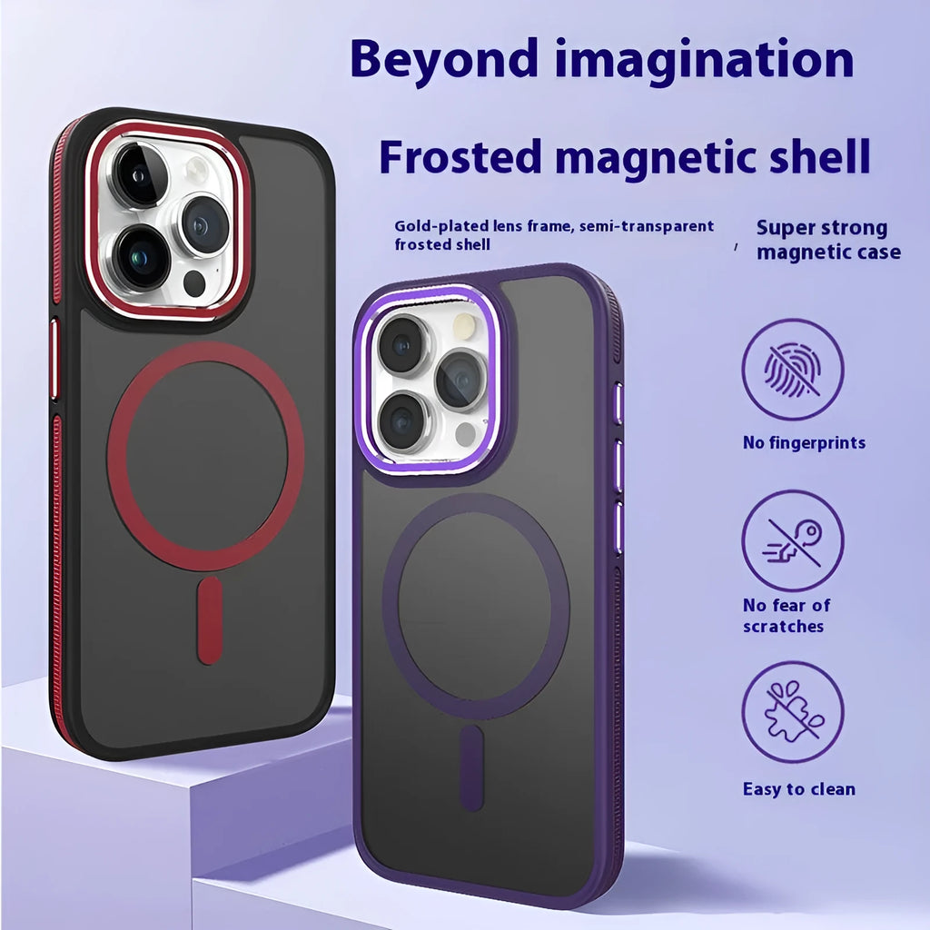Magnetic iPhone case with frosted TPU shell and metal lens ring in black, blue, gray, orange, wine red, or dark purple.