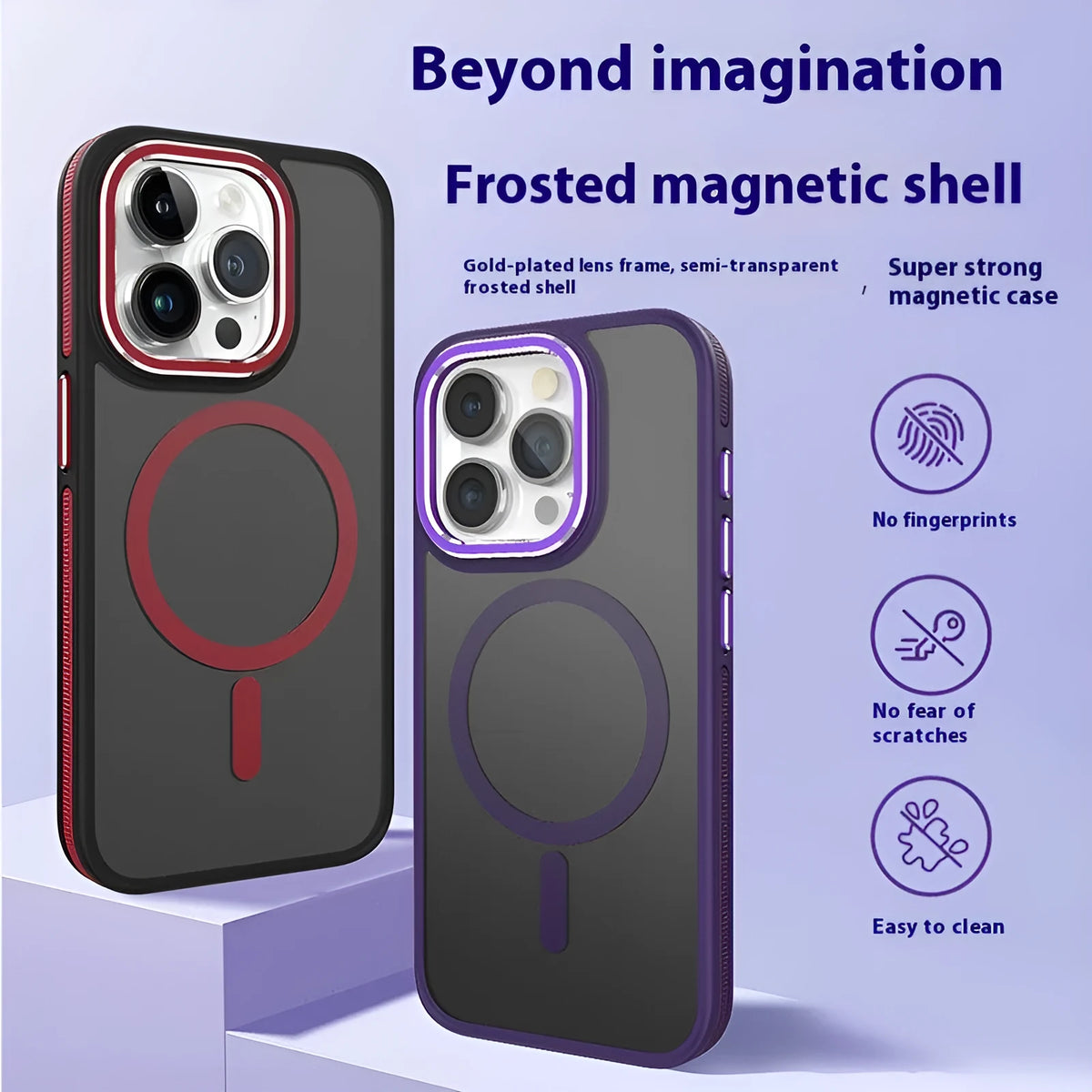 Magnetic iPhone case with frosted TPU shell and metal lens ring in black, blue, gray, orange, wine red, or dark purple.