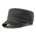 Flat top military cap in cotton fabric with adjustable sizing and sunshade brim