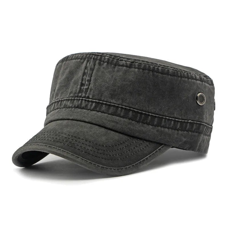 Flat top military cap in cotton fabric with adjustable sizing and sunshade brim