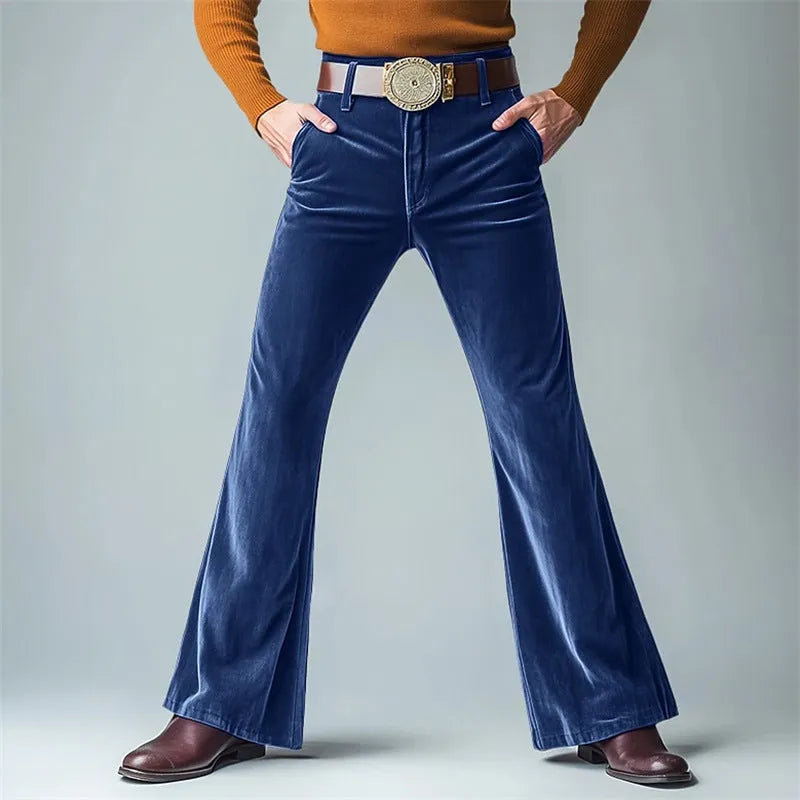 Men's gold velvet slim flared suit trousers in dark red colour