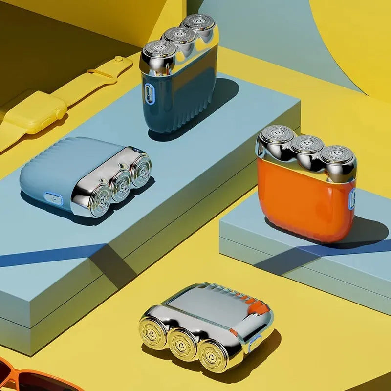Mini three-head magnetic electric shaver showing floating cutter design and colour options