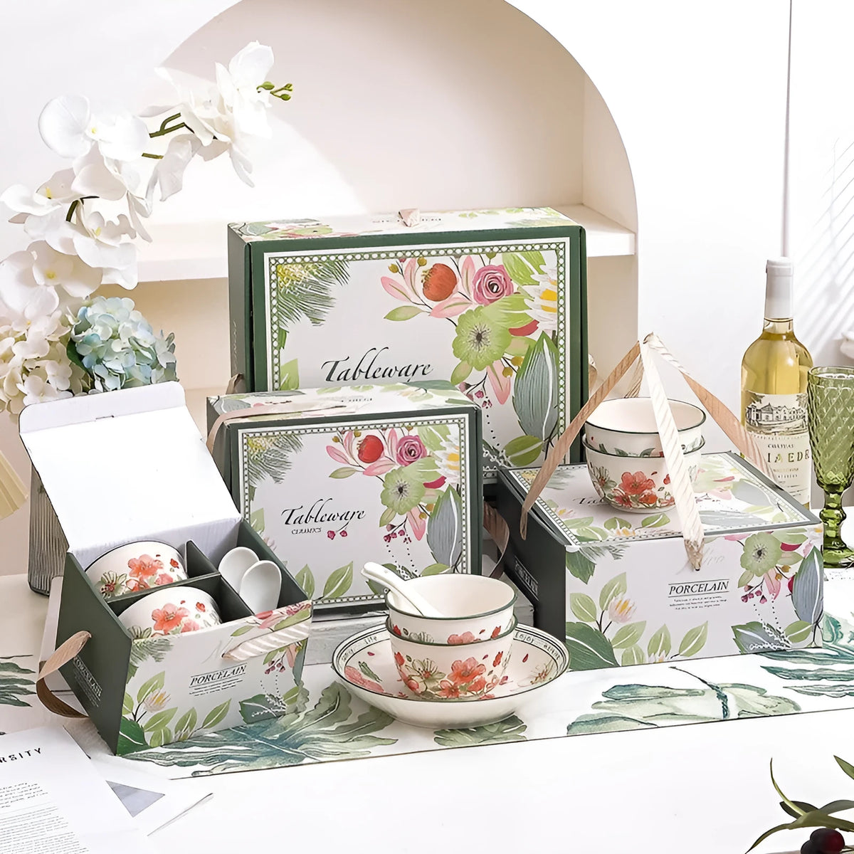 Ceramic tableware gift box set with 4 bowls, 4 spoons and 2 plates, underglaze surface, microwave available