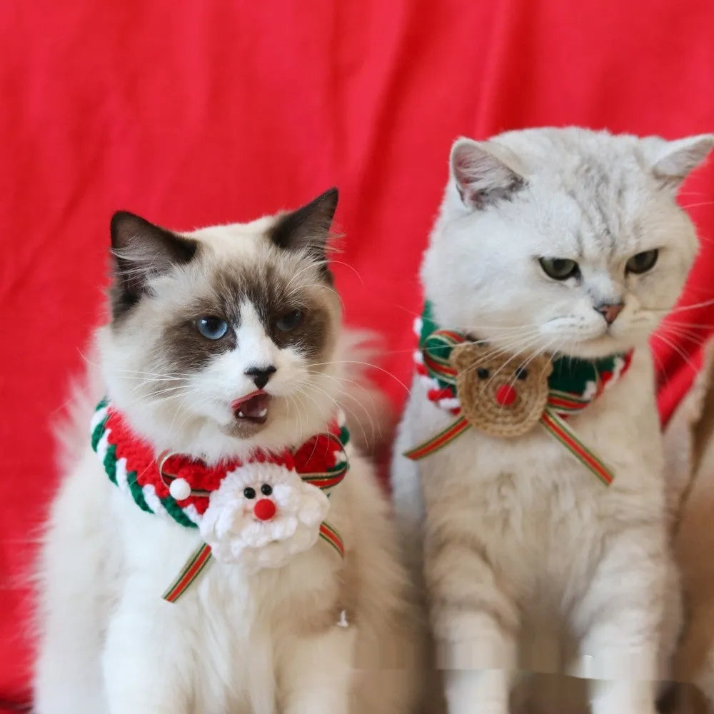 Knitted wool Christmas pet scarf clipped to dog collar in striped Santa pattern