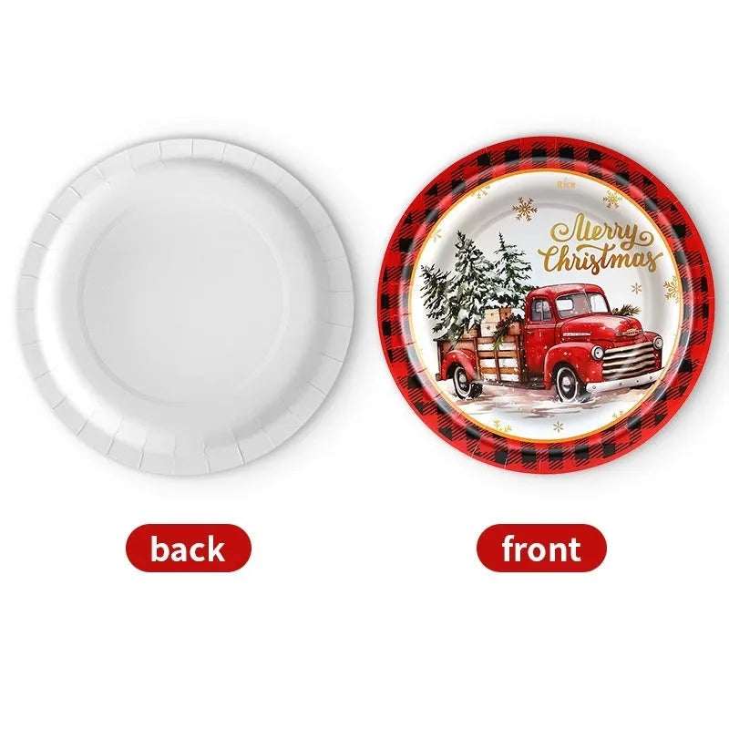Pack of 10 disposable paper plates with cartoon Christmas design in 7-inch and 9-inch sizes