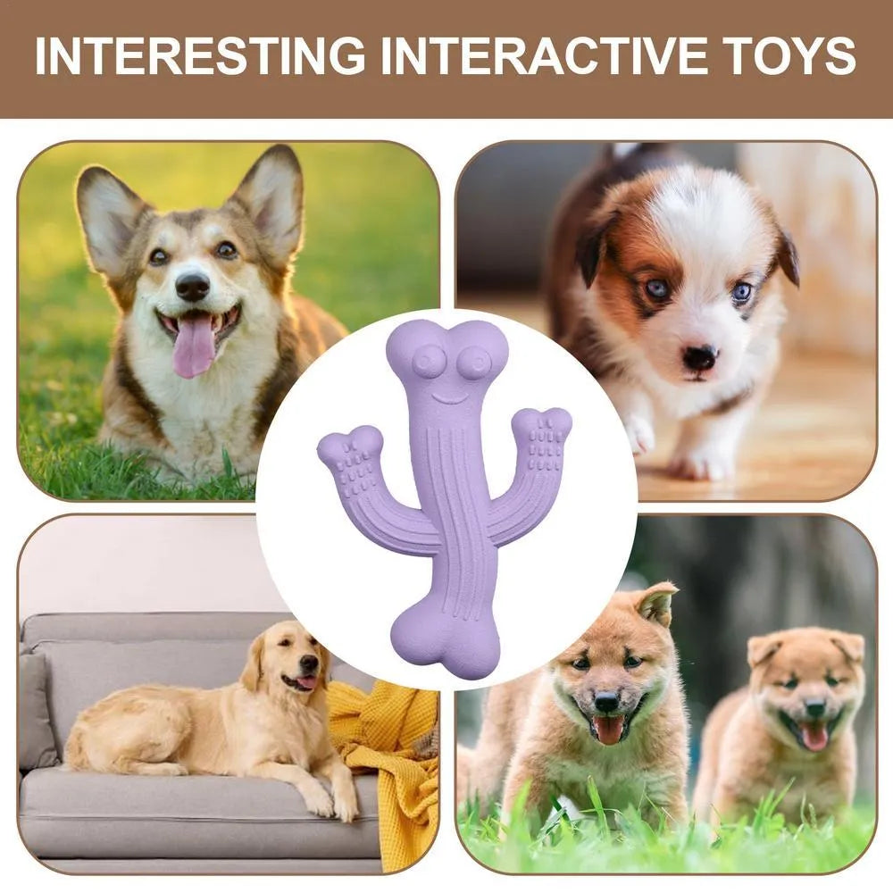 Beige, blue, and purple cactus-shaped dog chew toy made from bamboo fibre and rubber