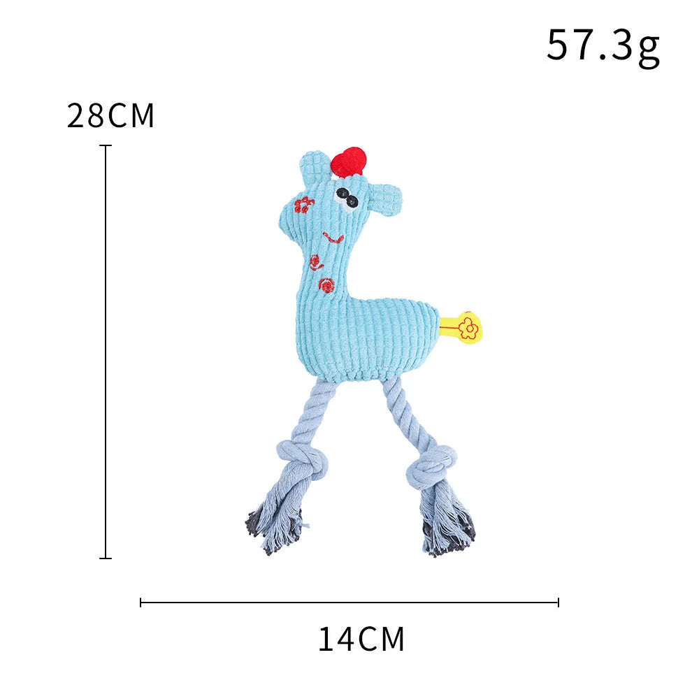 Blue deer-shaped plush dog toy with corn grain texture and squeaker.