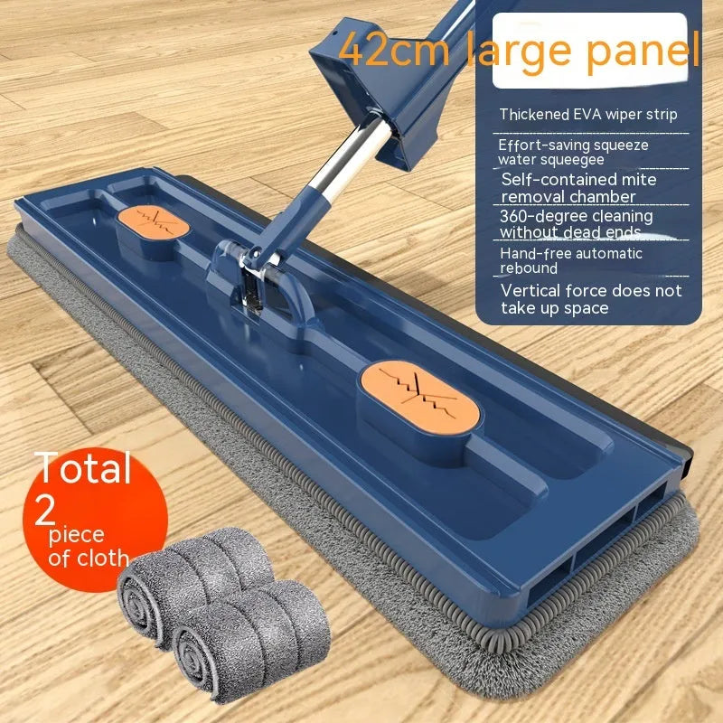 Large flat mop with 360-degree rotating head and stainless steel handle for home floor cleaning