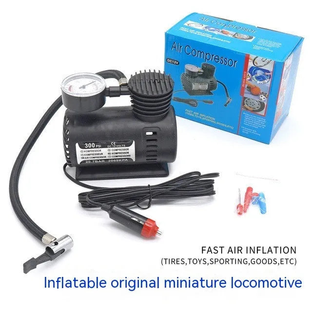 Black 12V mini portable car tyre air pump with dimensions 13.5 by 12 by 7 centimetres.