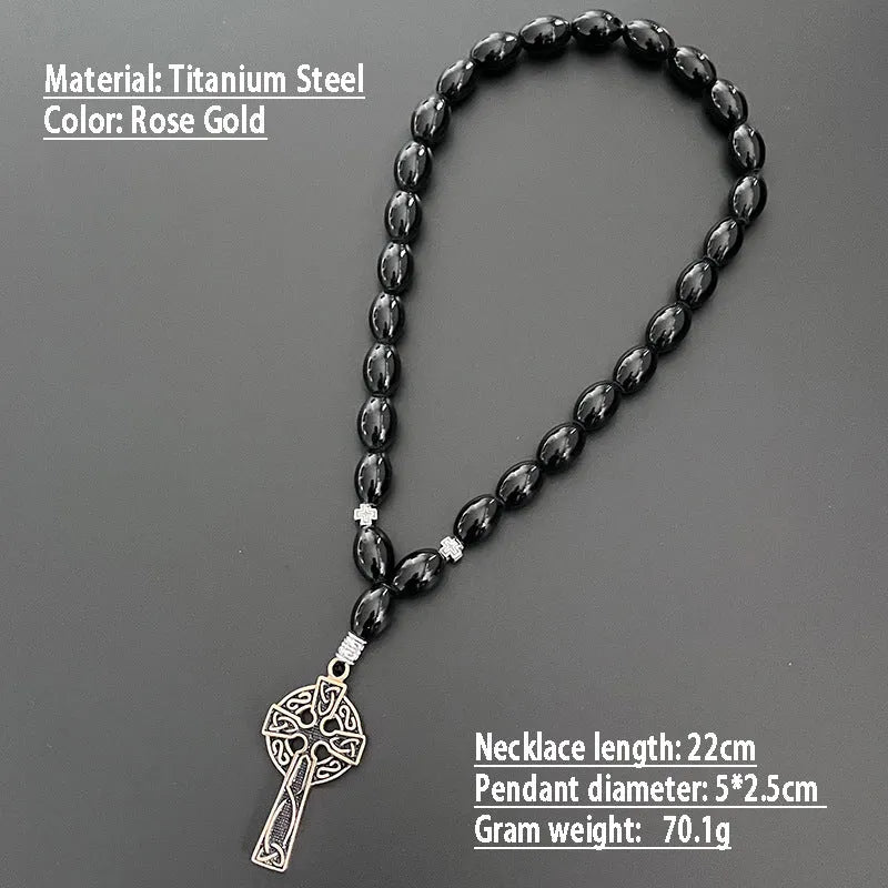 Cross beads metal car rearview mirror pendant with crown and Roman numerals in Ancient Gold finish
