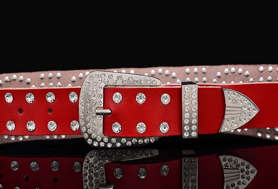 Ladies cowhide leather belt with rhinestone D-shape pin buckle, diamond-studded pattern, available in multiple colours and sizes