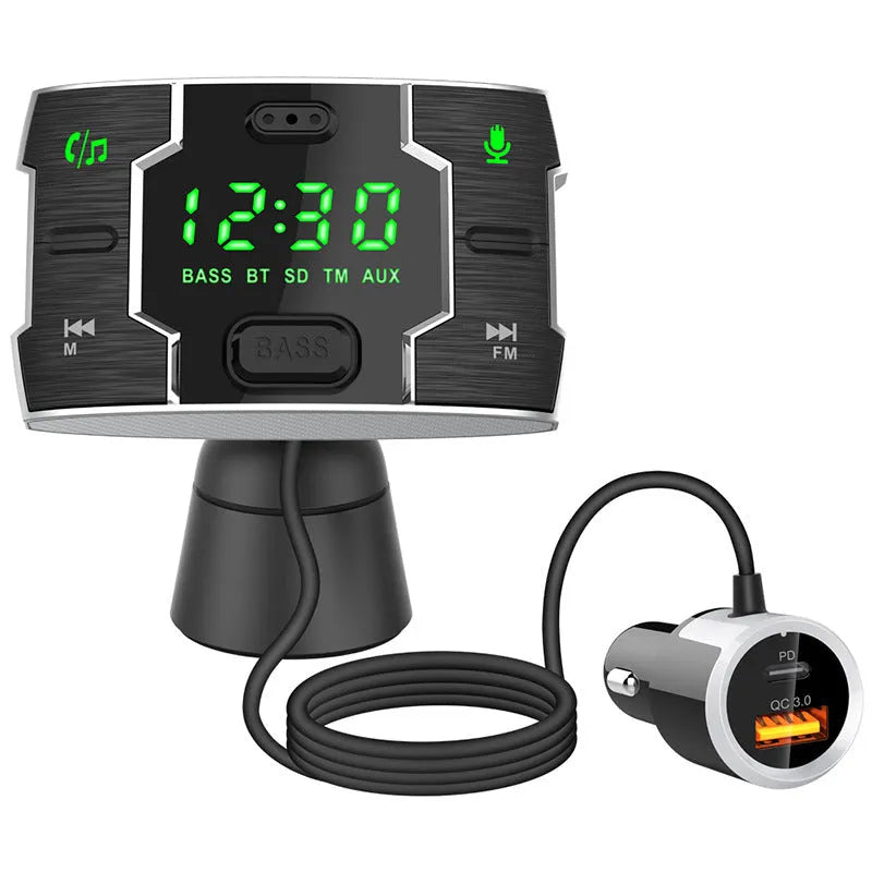 Car FM transmitter music player with Bluetooth and 1.2 inch display, black ABS, 148g gross weight
