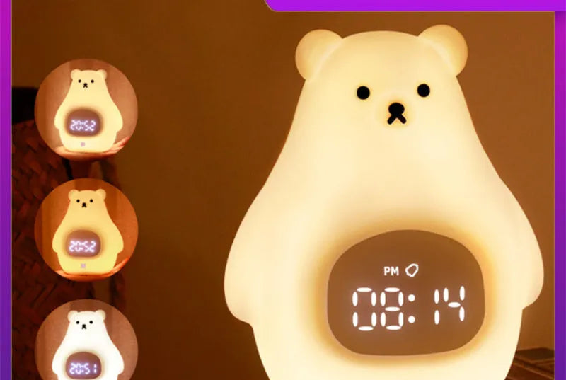 White silicone bear-shaped night light with remote control on a wooden bedside table.