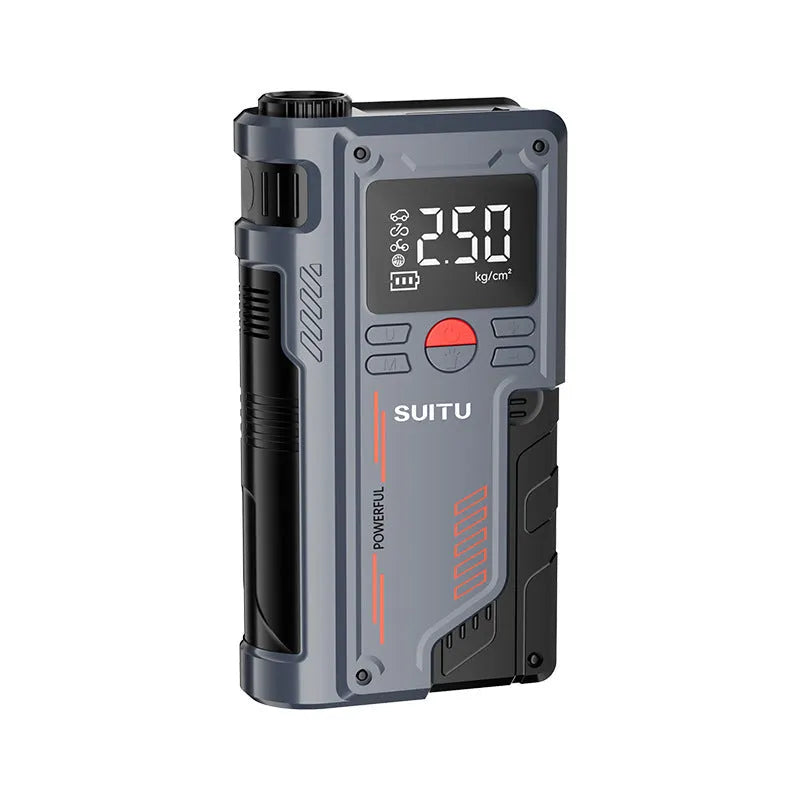 Wireless lithium emergency jump starter with integrated tyre inflator showing battery clips and digital pressure display