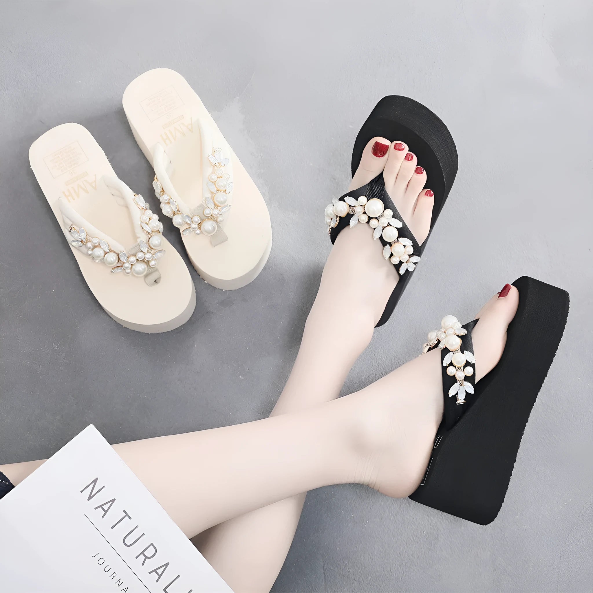 Women's beige high-heeled flip-flops with a cotton cloth upper on a summer background.