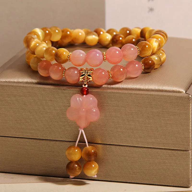 Tigereye double ring bracelet for women with crystal, agate flower, pearl, rhinestone and sequin elements