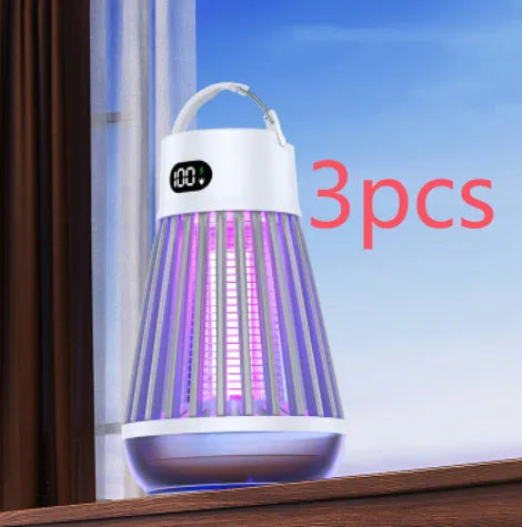 Digital display mosquito killer lamp with electric shock grid, white colour, on a tabletop with USB cable