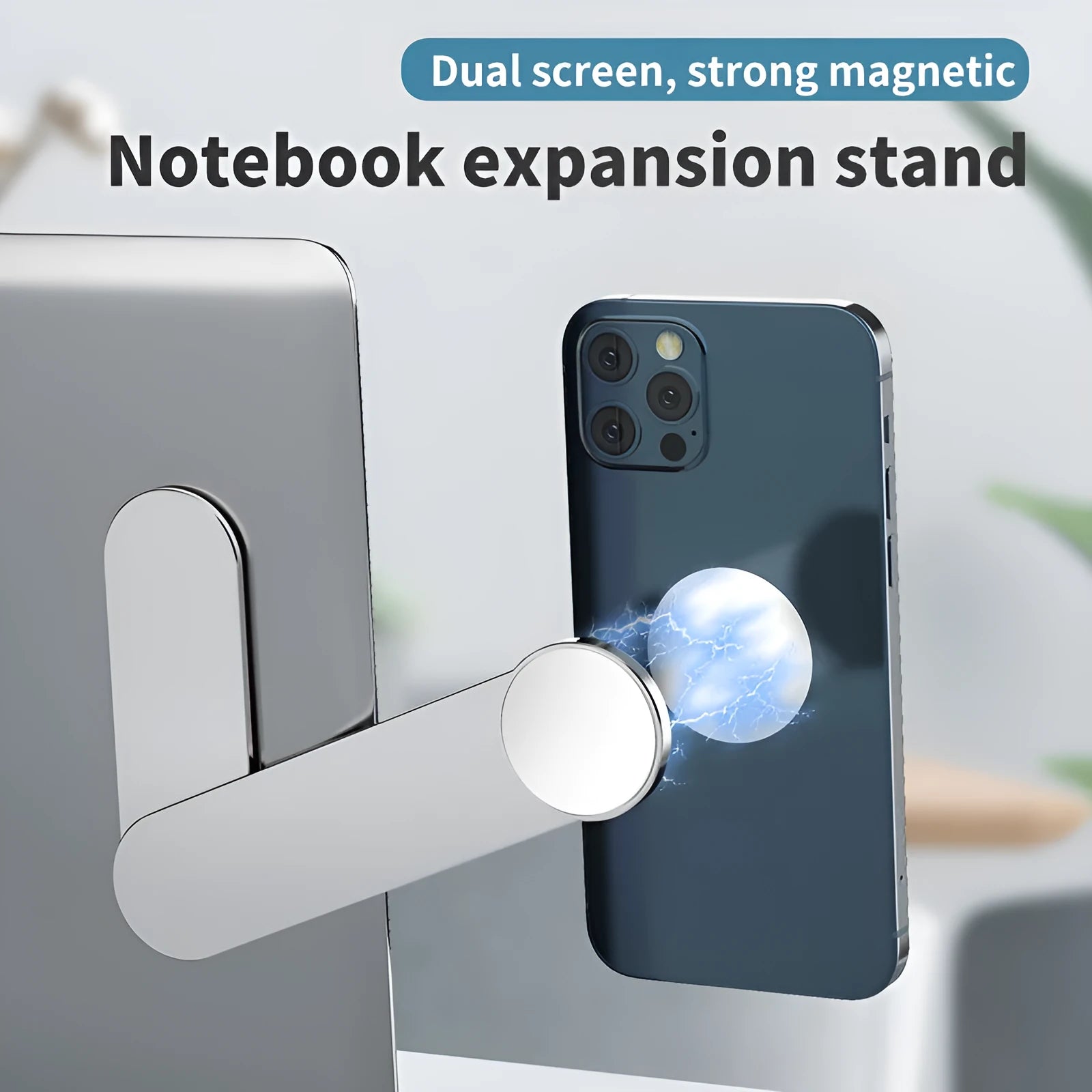 Silver aluminium alloy desk-mounted phone extension bracket with magnetic phone holder.