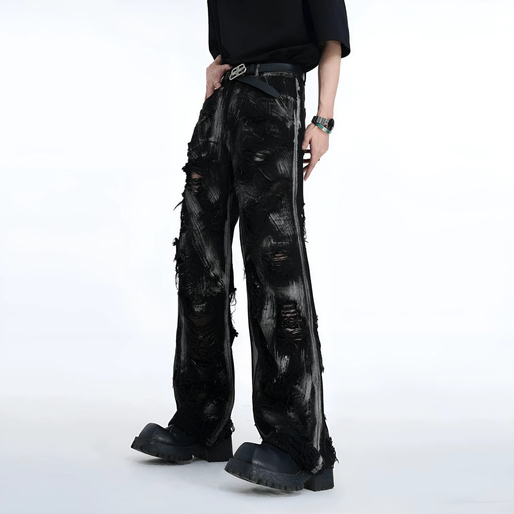 Men's heavyweight washed denim jeans with graffiti style in black and grey pink colour options