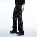 Men's heavyweight washed denim jeans with graffiti style in black and grey pink colour options