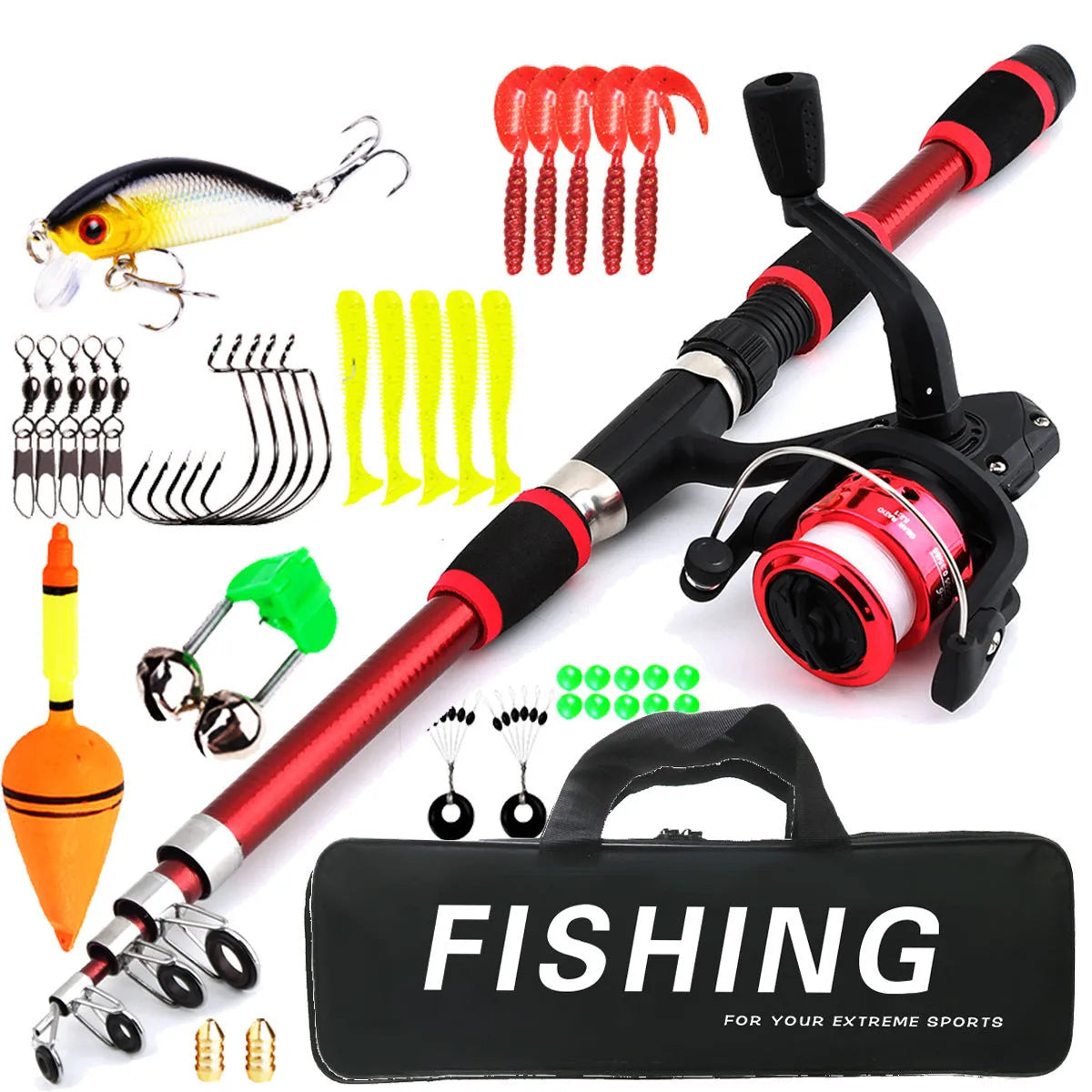 Blue children's fishing rod and reel set with matching tackle box on a grassy bank.