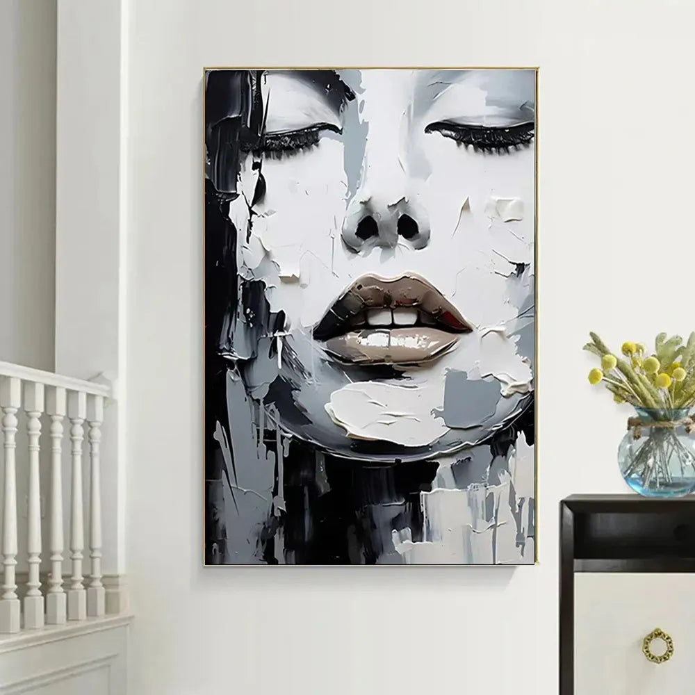 Handmade oil painting canvas black and white abstract knife painting portrait women home decor rolled frameless unstretched