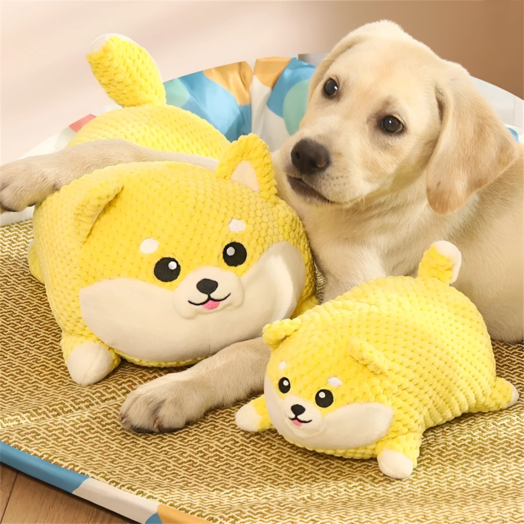 Plush dog toy with bite-resistant fabric and squeaker for puppy teeth cleaning in large and medium sizes