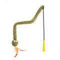 Green feather cat teasing stick toy with long 140 cm pole for interactive play.