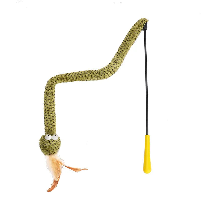 Green feather cat teasing stick toy with long 140 cm pole for interactive play.