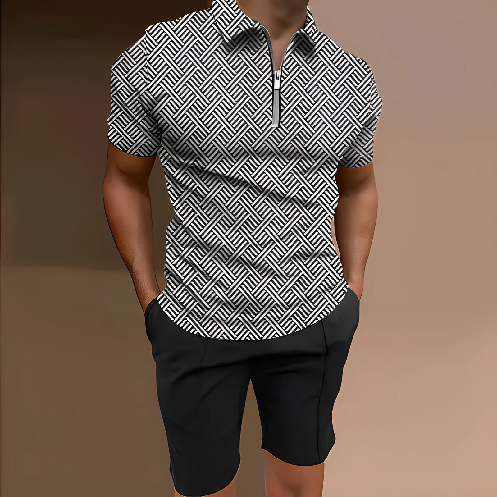 Men's casual printed short sleeve top and matching shorts two-piece set in various colours.