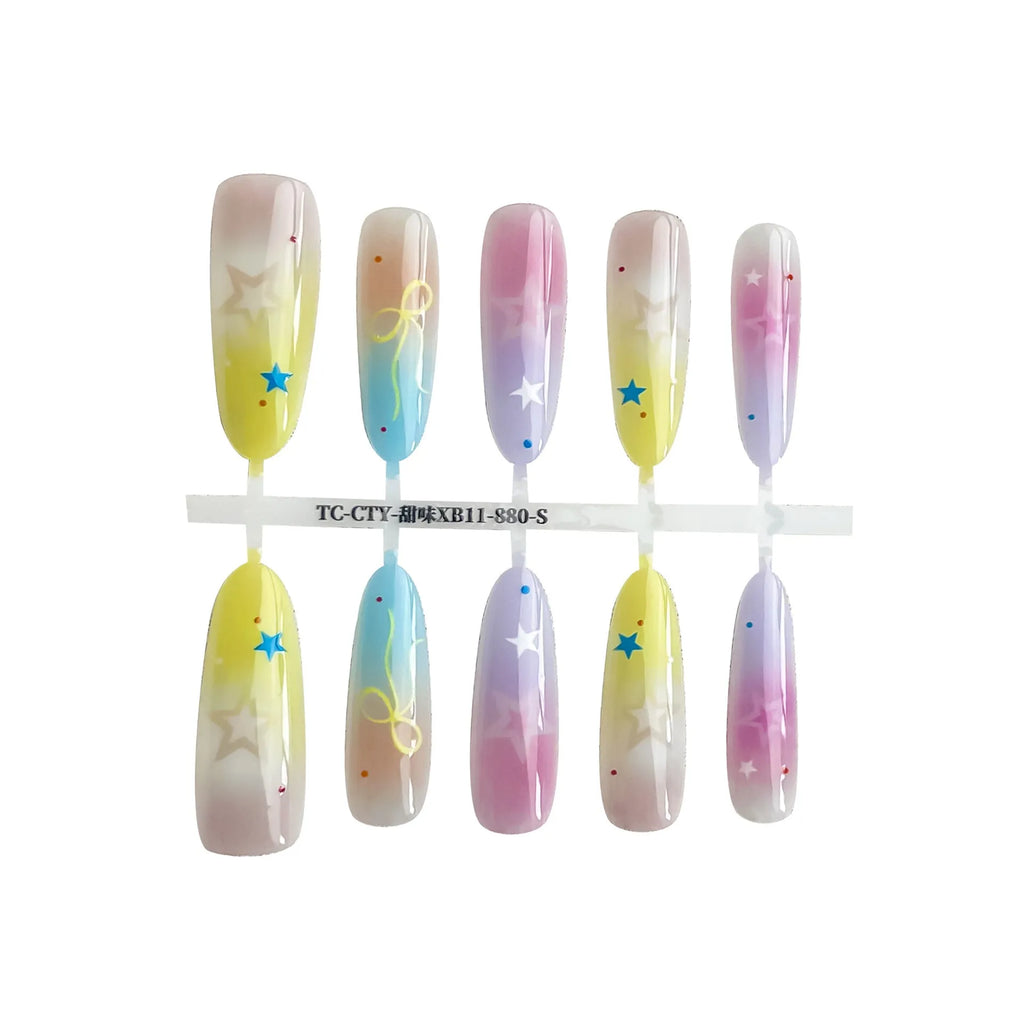 Dopamine Cartoon XINGX oval almond nail sticker set in sweet XB11-880 colour, natural frosted non-sealing layer, on a woman's nails.