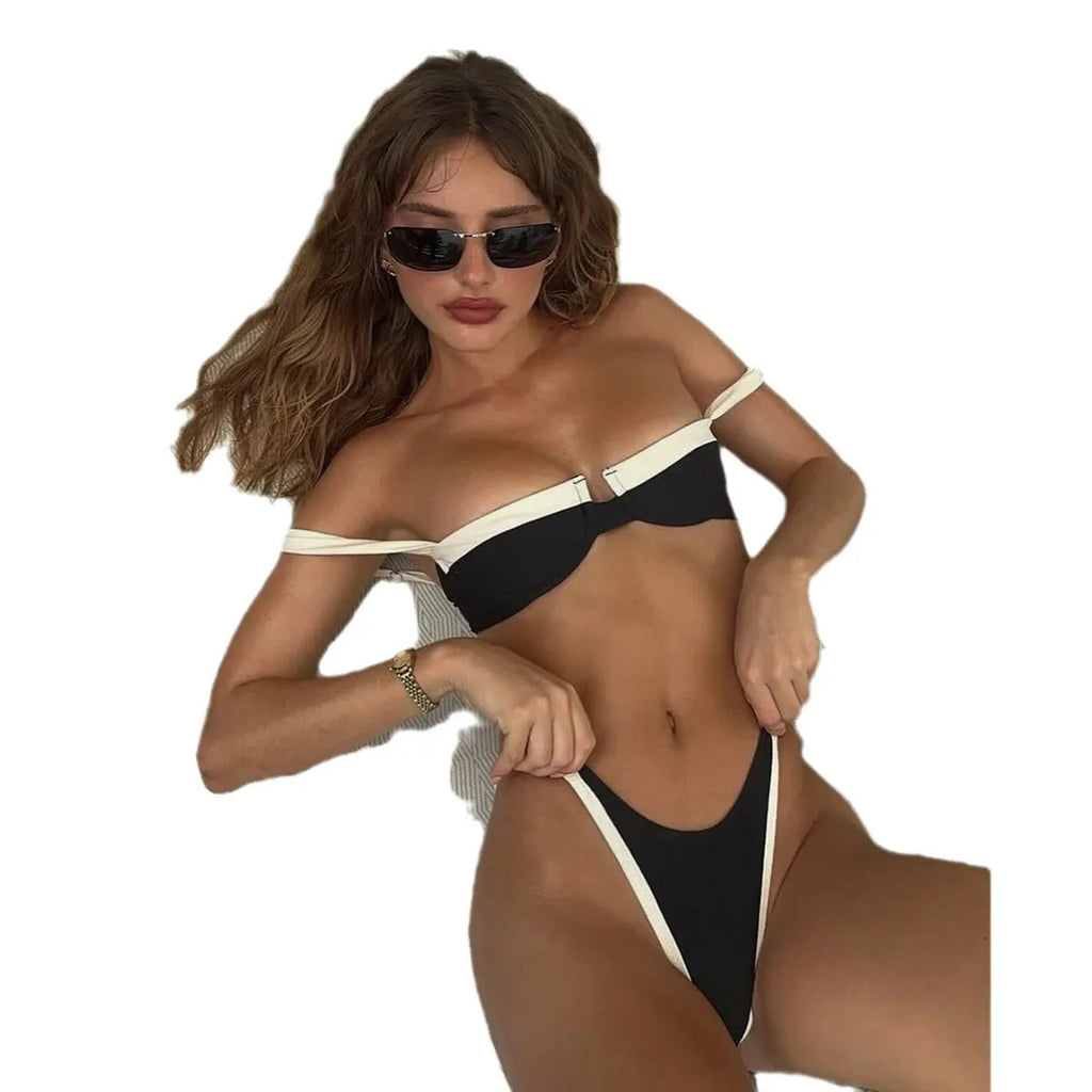 Black women's bikini briefs set with stitching detail, European and American sizing