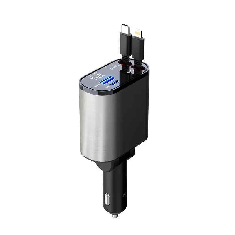 Metal car charger with retractable cable and adjustable head, USB and Type-C ports, 100W fast charging
