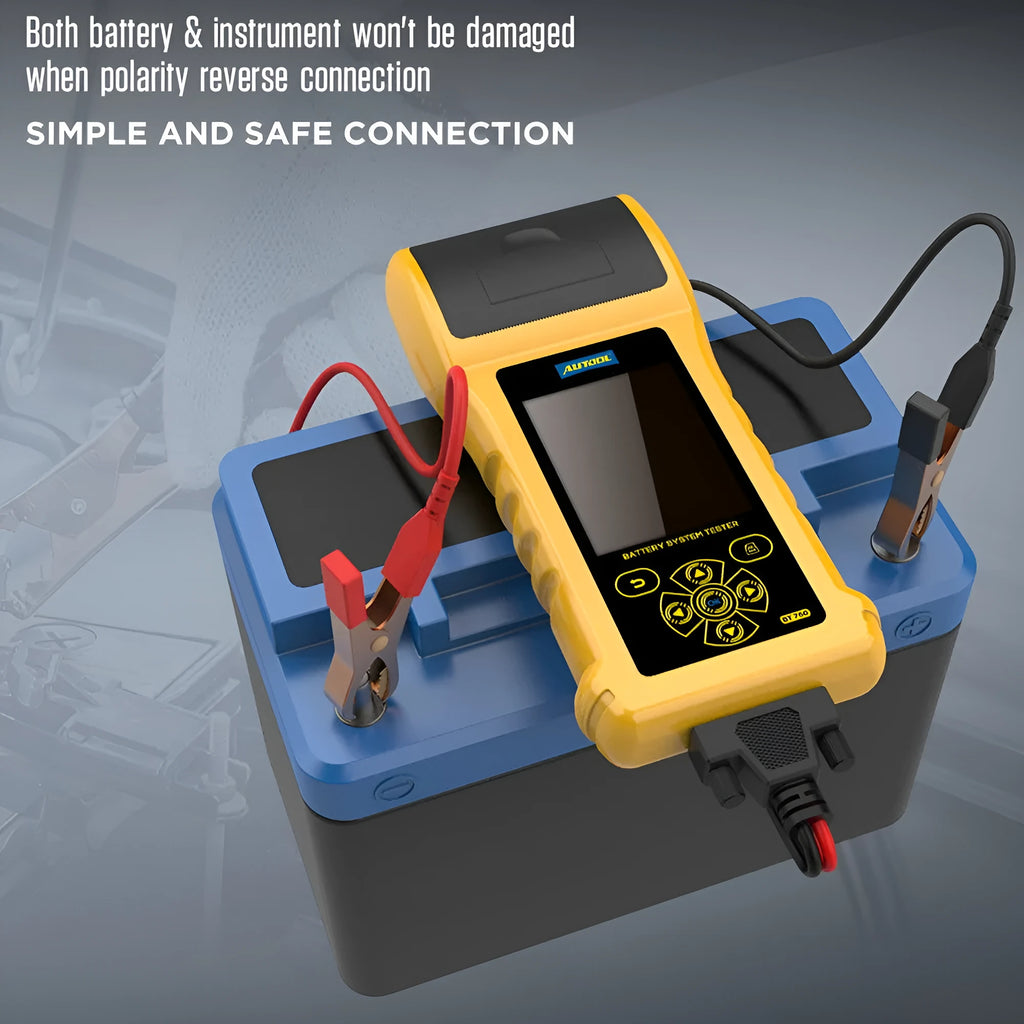 Autool BT760 handheld vehicle battery tester with colour screen and attached battery clips