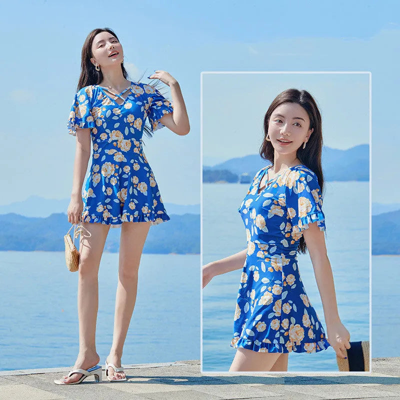 Women's high waist slimming swimsuit with floral print in blue pattern and white flower options