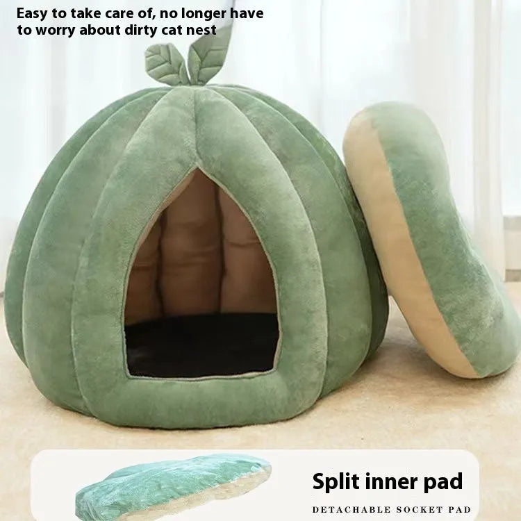 Semi-enclosed leaf style pumpkin nest cat bed in PP cotton with removable cover, three sizes