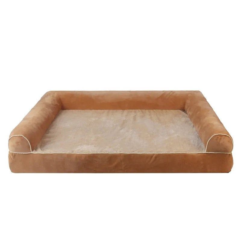 Square dark grey dog bed with raised sponge sides on a wooden floor, showing breathable cloth texture.