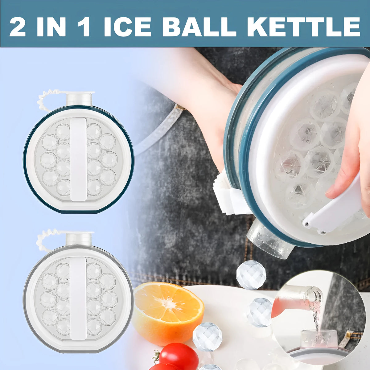 2 in 1 portable ice bottle and ice ball maker in light grey or blue with 800 capacity