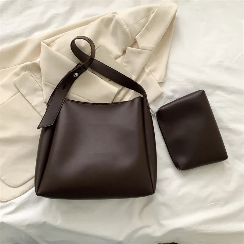 Large women's soft PU tote bag set with small bag in khaki colour, 33cm wide